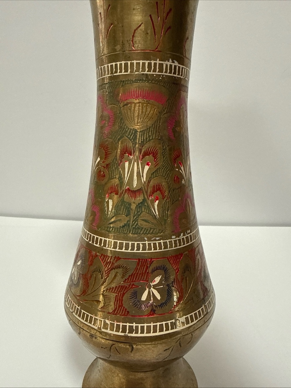 Solid Brass Decorative Vase with Red Accents hand etched from Saudi Arabia - Picture 4 of 11